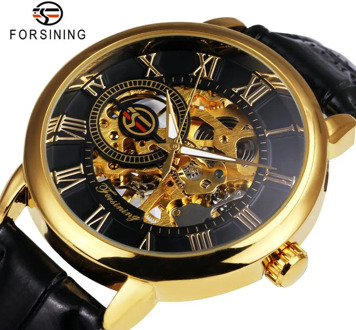 FORSINING 3D Logo Black Gold Men Skeleton Mechanical Watch Man Watches Top Brand Luxury Leather WINNER Design Montre Homme 2020