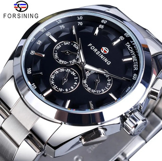 Forsining Black Men's Mechanical Watch 3 Dial Calendar Automatic Self-Wind Clock Business Sport Stainless Steel Belts Wristwatch
