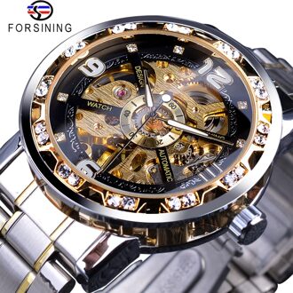 Forsining Diamond Golden Sliver Skeleton Transparante Mechanische Horloge Roestvrij Staal Lichtgevende Sport Business Mannen Horloge