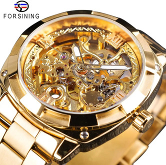 Forsining Fashion transparent Retro Men's Automatic Mechanical Watch Top Brand Luxury Full Golden Luminous Hands Skeleton Clock