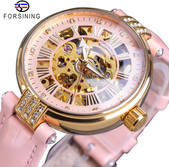 Forsining Pink Lady Diamond Automatic Watch Women Watches Top Montre Femme 2019 Gold Skeleton Relogio Feminino Brand Star Clock