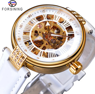 Forsining White Gold Mechanical Automatic Luxury Top Brand Lady Wrist Watch Skeleton Clock Women Leather Dress Age Girl Watches