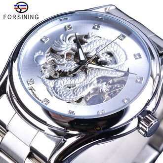 Forsining Zilveren Draak Skelet Automatische Mechanische Horloges Crystal Roestvrij Stalen Band Polshorloge mannen Klok Waterdicht GMT1110-3