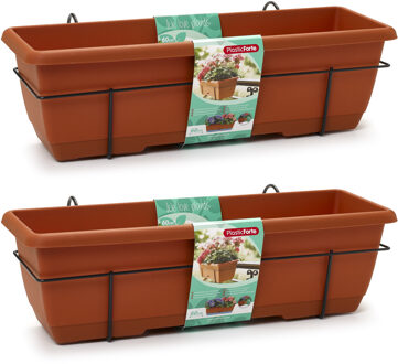 Forte Plastics 2x Balkon/schutting plantenbakken/bloembakken terracotta 60 cm met hanger - Plantenbakken Bruin