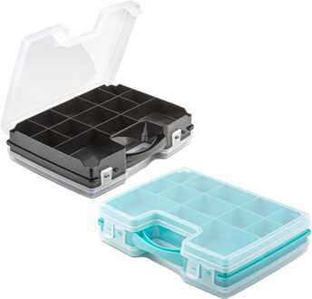 Forte Plastics 2x Opberg vakjes doos/Sorteerbox - 21-vaks kunststof - 28 x 21 x 6 cm - zwart/blauw