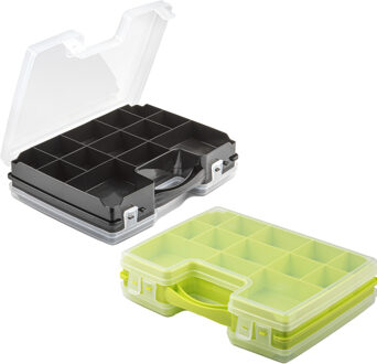 Forte Plastics 2x Opberg vakjes doos/Sorteerbox - 21-vaks kunststof - 28 x 21 x 6 cm - zwart/groen
