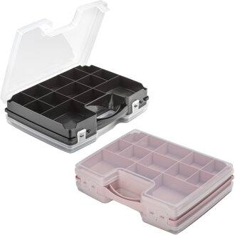 Forte Plastics 2x Opberg vakjes doos/Sorteerbox - 21-vaks kunststof - 28 x 21 x 6 cm - zwart/roze