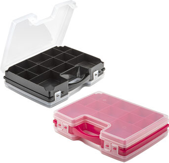 Forte Plastics 2x Opberg vakjes doos/Sorteerbox - 21-vaks kunststof - 28 x 21 x 6 cm - zwart/roze