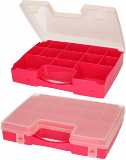 Forte Plastics 2x Opbergkoffertje/opbergboxen met kliksluiting 13-vaks fuchsia roze - Opbergbox Rood