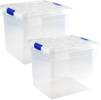 Forte Plastics 2x Opslagbakken/organizers met deksel 35 liter transparant - Opbergbox