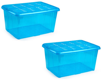 Forte Plastics 2x Opslagbakken/organizers met deksel 60 liter 63 x 46 x 32 transparant blauw - Opbergbox