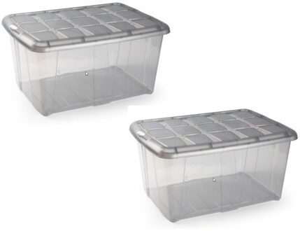 Forte Plastics 2x Opslagbakken/organizers met deksel 60 liter 63 x 46 x 32 transparant/grijs - Opbergbox