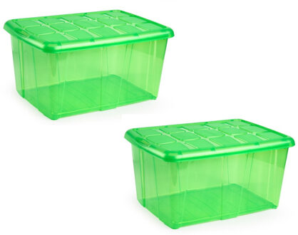 Forte Plastics 2x Opslagbakken/organizers met deksel 60 liter 63 x 46 x 32 transparant groen - Opbergbox