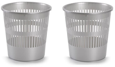 Forte Plastics 2x stuks afvalbak/vuilnisbak plastic zilver 28 cm - Prullenmanden Zilverkleurig