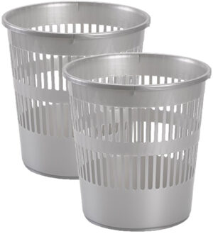 Forte Plastics 2x stuks afvalbakken/vuilnisbakken/kantoorprullenbakken plastic zilver/grijs 28 cm - Prullenmanden Zilverkleurig