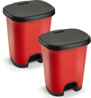 Forte Plastics 2x Stuks afvalemmer/vuilnisemmer/pedaalemmer 18 liter in het rood/zwart met deksel en pedaal - Pedaalemmers