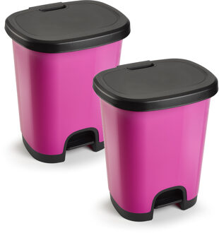 Forte Plastics 2x Stuks afvalemmer/vuilnisemmer/pedaalemmer 18 liter in het roze/zwart met deksel en pedaal - Pedaalemmers