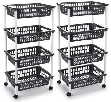 Forte Plastics 2x stuks antraciet grijze opberg trolley/roltafel met 4 manden 85 cm - Opberg trolley Zwart