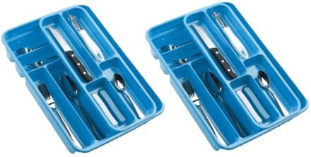 Forte Plastics 2x stuks bestekbakken/bestekhouders 2 lagen blauw L40 x B30 x H7 cm - Bestekbakken