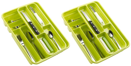 Forte Plastics 2x stuks bestekbakken/bestekhouders 2 lagen lime groen L40 x B30 x H7 cm - Bestekbakken