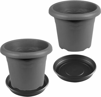 Forte Plastics 2x stuks bloempotten met onderschaal antraciet grijs rond diameter 30 cm - Plantenpotten