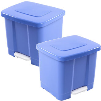 Forte Plastics 2x stuks dubbele afvalemmer/vuilnisemmer blauw 35 liter met deksel en pedaal - Prullenbakken