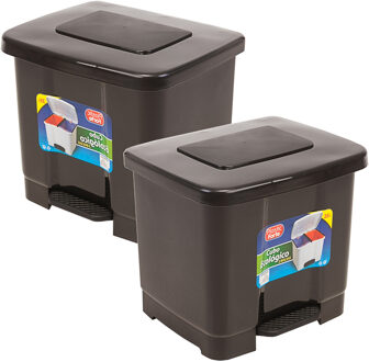 Forte Plastics 2x stuks dubbele afvalemmer/vuilnisemmer donkergrijs 35 liter met deksel en pedaal - Pedaalemmers