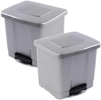 Forte Plastics 2x stuks dubbele afvalemmer/vuilnisemmer zilver 35 liter met deksel en pedaal - Pedaalemmers Zilverkleurig