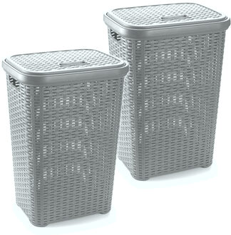 Forte Plastics 2x stuks grote rotan wasmand met deksel van 60 liter in het lichtgrijs - Wasmanden