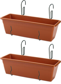 Forte Plastics 2x stuks hangende reling Plantenbak terracotta 50 x 17 x 15 cm met kunststof beugels