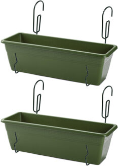 Forte Plastics 2x stuks hangende reling plantenbakken groen rechthoekig 50 x 17 x 15 cm met kunststof beugels - Plantenbakken