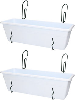 Forte Plastics 2x stuks hangende reling Plantenbakken wit rechthoekig 50 x 17 x 15 cm met kunststof beugels - Plantenbakken