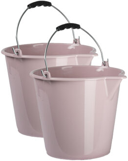 Forte Plastics 2x stuks huishoud schoonmaak emmers kunststof oud roze 9 liter inhoud 30 x 26 cm - Emmers