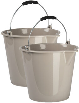 Forte Plastics 2x stuks huishoud schoonmaak emmers kunststof taupe 9 liter inhoud 30 x 26 cm - Emmers