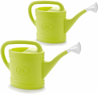 Forte Plastics 2x stuks kunststof tuin gieters 6 en 9 liter lichtgroen