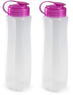 Forte Plastics 2x stuks kunststof waterflessen 1000 ml transparant met dop roze - Drinkflessen