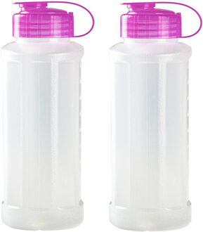 Forte Plastics 2x stuks kunststof waterflessen 1100 ml transparant met dop roze - Drinkflessen