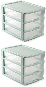 Forte Plastics 2x stuks ladeblok/bureau organizer met 3 lades groen/transparant - L35,5 x B27 x H26 - Opruimen/opbergen laatjes