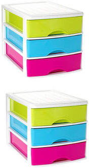 Forte Plastics 2x stuks ladeblok/bureau organizer met 3 lades multi-color/wit - L35,5 x B27 x H26 - Opruimen/opbergen laatjes