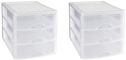 Forte Plastics 2x stuks ladeblok/bureau organizer met 3 lades wit/transparant - L35,5 x B27 x H26 - Opruimen/opbergen laatjes