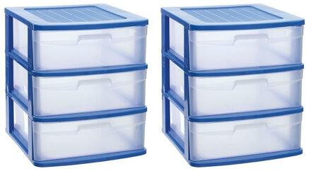 Forte Plastics 2x stuks ladeblok/bureau organizer met 3x lades blauw/transparant - L40 x B39 x H39.5 cm - Opruimen/opbergen laatjes