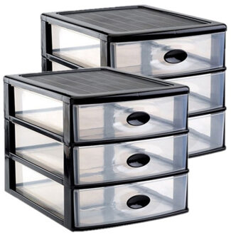 Forte Plastics 2x stuks ladeblok/bureau organizer met 3x lades zwart/transparant - L35,5 x B27 x H27 - Opruimen/opbergen laatjes