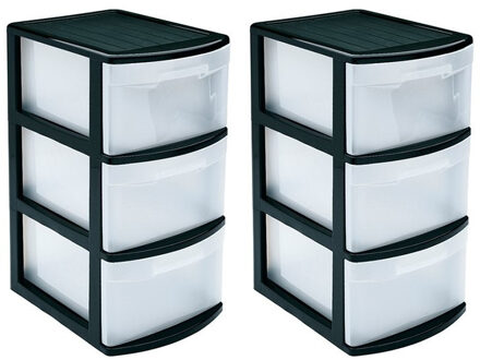 Forte Plastics 2x stuks ladeblok/bureau organizer met 3x lades zwart/transparant - L39 x B28.5 x H58.5 cm - Opruimen/opbergen laatjes