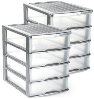 Forte Plastics 2x stuks ladeblok/bureau organizer met 4 lades grijs/transparant - L35,5 x B27 x H35 - Opruimen/opbergen laatjes