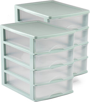 Forte Plastics 2x stuks ladeblok/bureau organizer met 4 lades groen/transparant - L35,5 x B27 x H35 - Opruimen/opbergen laatjes