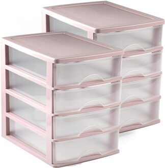 Forte Plastics 2x stuks ladeblok/bureau organizer met 4 lades roze/transparant - L35,5 x B27 x H35 - Opruimen/opbergen laatjes