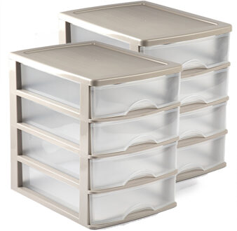 Forte Plastics 2x stuks ladeblok/bureau organizer met 4 lades taupe/transparant - L35,5 x B27 x H35 - Opruimen/opbergen laatjes