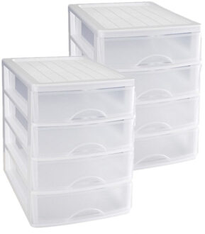 Forte Plastics 2x stuks ladeblok/bureau organizer met 4 lades wit/transparant - L35,5 x B27 x H35 - Opruimen/opbergen laatjes