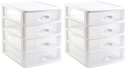 Forte Plastics 2x stuks ladeblok/bureau organizer met 4x lades wit/transparant - L35,5 x B27 x H35 - Opruimen/opbergen laatjes