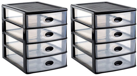 Forte Plastics 2x stuks ladeblok/bureau organizer met 4x lades zwart/transparant - L35,5 x B27 x H35 - Opruimen/opbergen laatjes